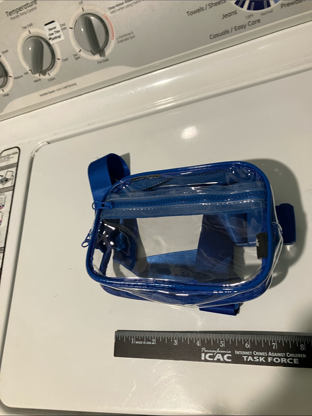 Clear crossbody purse pouch adjustable blue strap ballpark friendly